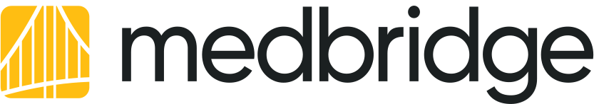 Medbridge logo with bold black text and a yellow abstract graphic on the left.